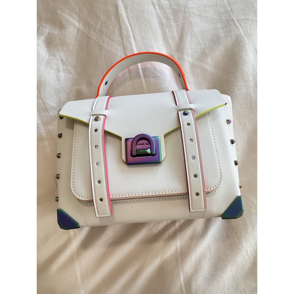 Michael Kors Manhattan Satchel Optic White Rainbow Stud Leather Bag - Picture 10 of 16
